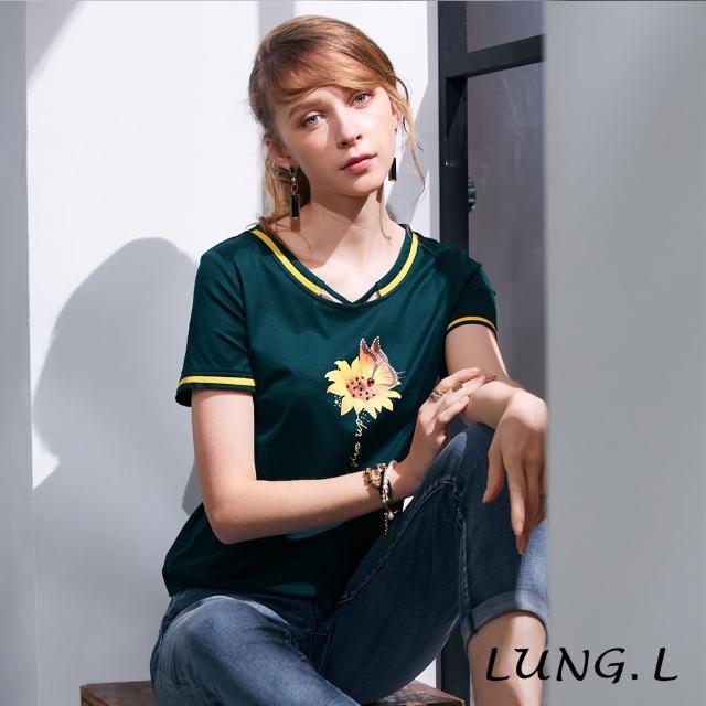 LUNG.L 林佳樺【LUNG.L 林佳樺】LK01A#綠色絲光棉向日葵印花短袖棉T上衣