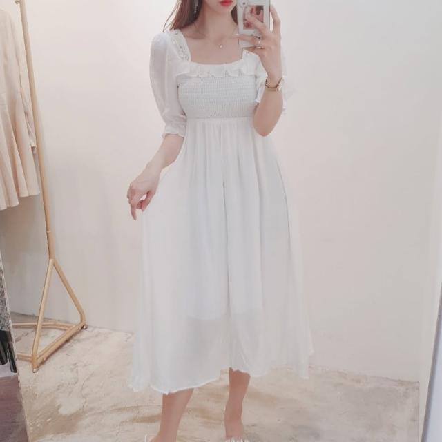 【BBHONEY】韓國重工珍珠浪漫荷葉領邊短袖洋裝(網美熱搜款)