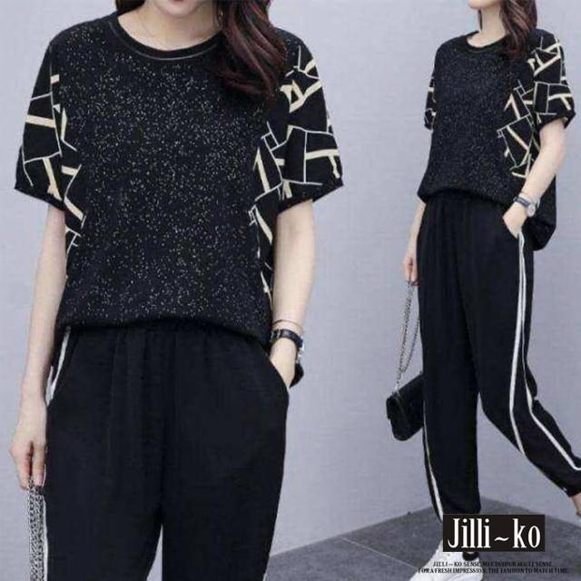 JILLI-KO【JILLI-KO】兩件套印花拼接休閒套裝-L/XL(黑)