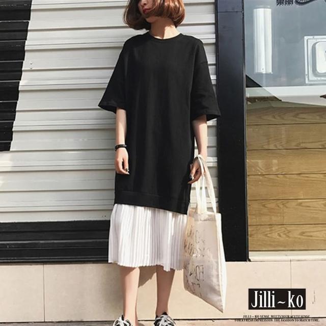 【JILLI-KO】日系假兩件拼接連衣裙-F(黑)