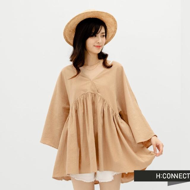 【H:CONNECT】韓國品牌 女裝 -開襟後綁帶縮腰打摺寬版上衣(卡其色)