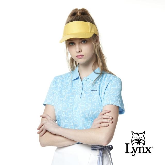 【Lynx Golf】女款吸濕排汗羅紋領滿版獎盃圖樣印花短袖POLO衫(淺藍色)