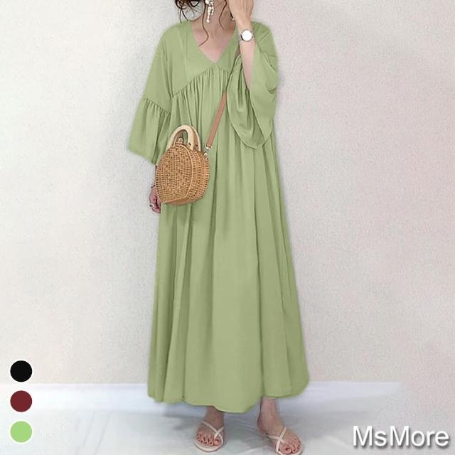 MsMore【MsMore】杜拜夏季純色荷葉寬鬆涼爽大碼長洋裝#109435現貨+預購(3色)