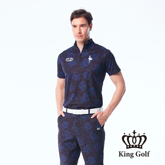 KING GOLF【KING GOLF】男款皇冠底紋印花字母火鶴刺繡涼感短袖POLO衫(丈青)