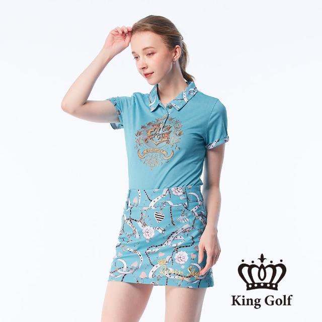 KING GOLF【KING GOLF】女款燙鑽印圖領片印花涼感短袖POLO衫(藍色)