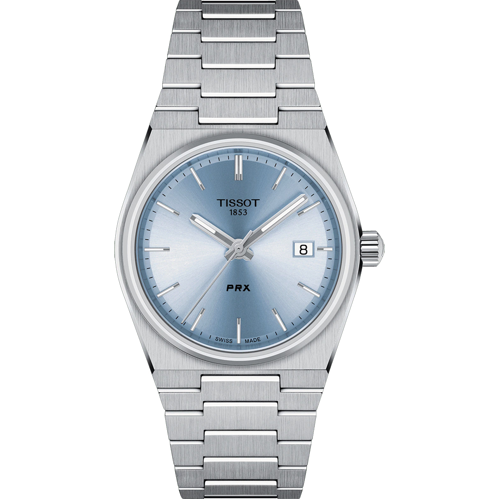 【TISSOT 天梭】官方授權 PRX系列 70年代復刻石英女錶-冰藍/35mm(T1372101135100)