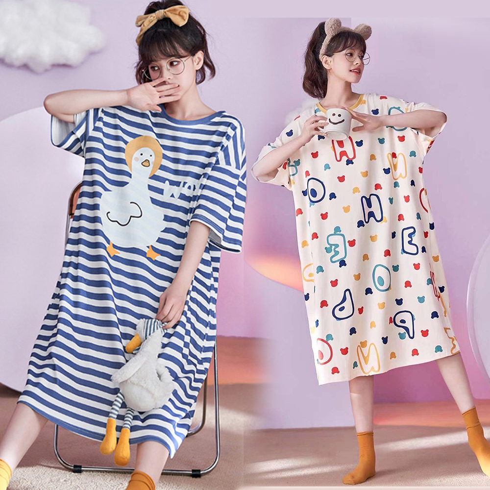 【Wonderland】可愛卡通寬鬆大碼居家短袖睡衣裙洋裝(女睡衣/連身睡衣/女睡衣居家服/居家睡衣)
