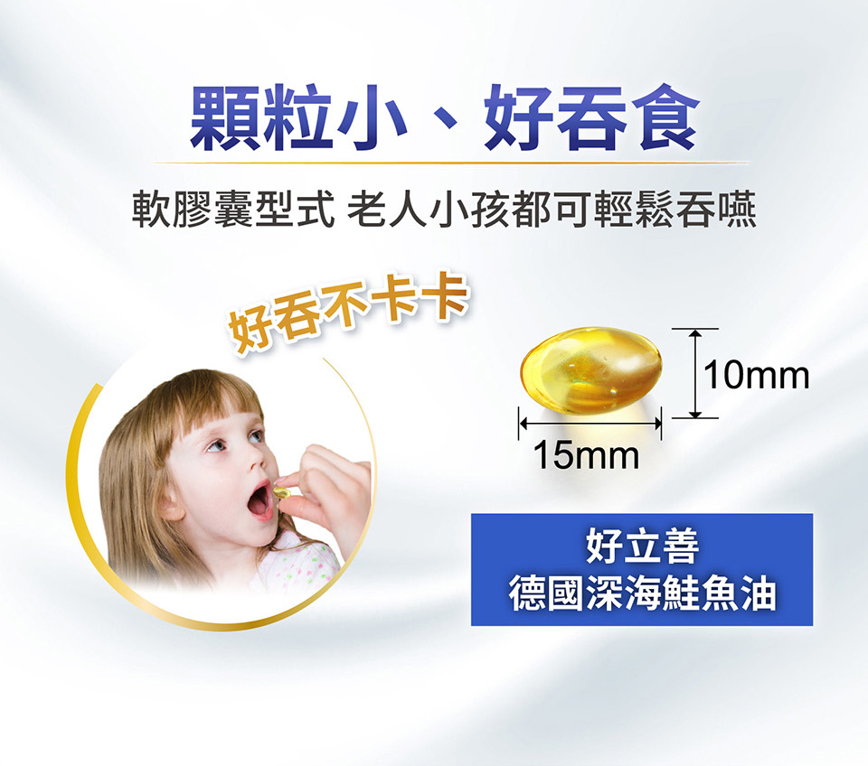 顆粒小、好吞食 軟膠囊型式 老人小孩都可輕鬆吞嚥 好吞不卡卡 好立善 德國深海鮭魚油