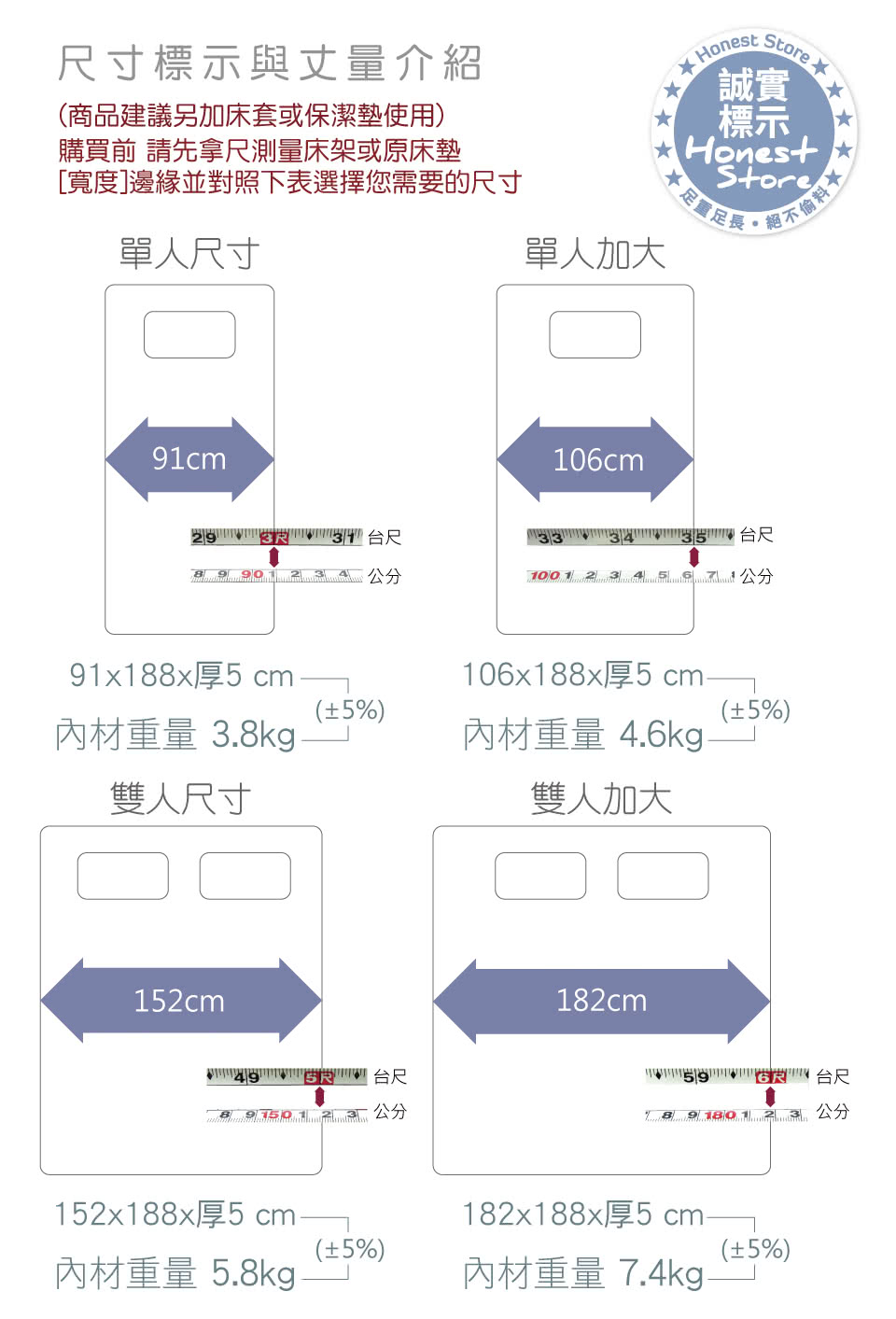 【House Door】超吸濕排濕表布5cm厚全平面竹炭純記憶床墊(雙大6尺)