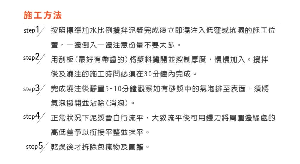 step1 按照標準加水比例攪拌泥漿完成後立即澆注入低窪或坑洞的施工位
