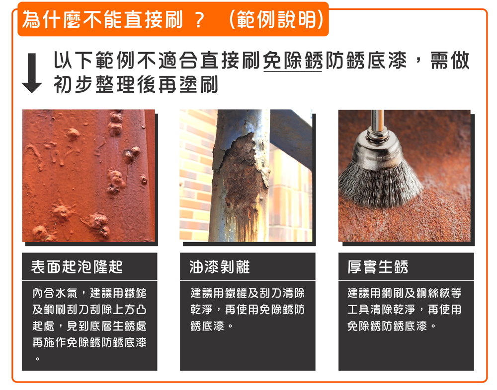 以下範例不適合直接刷免除銹防銹底漆,需做