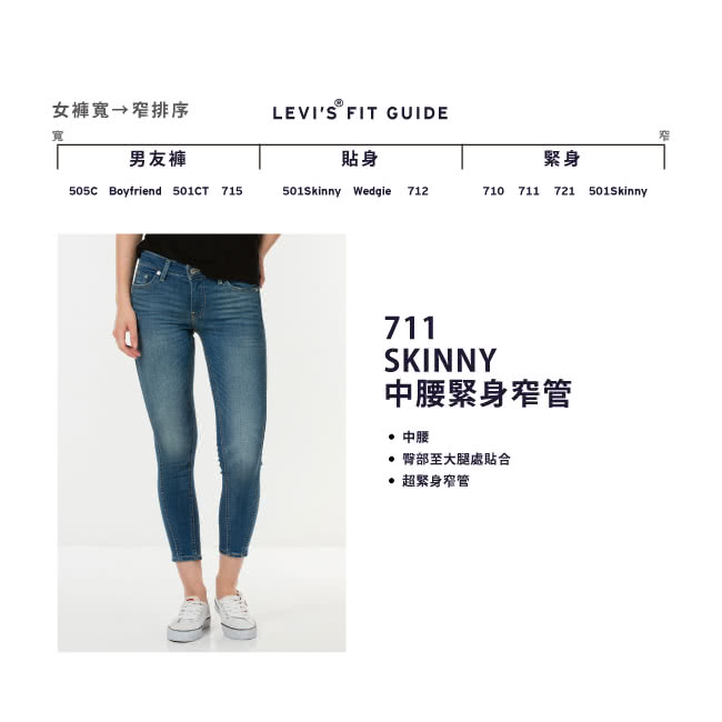 【Levis】711 中腰緊身牛仔褲 / 中彈力布料 / 雙直線修飾 / 九分褲