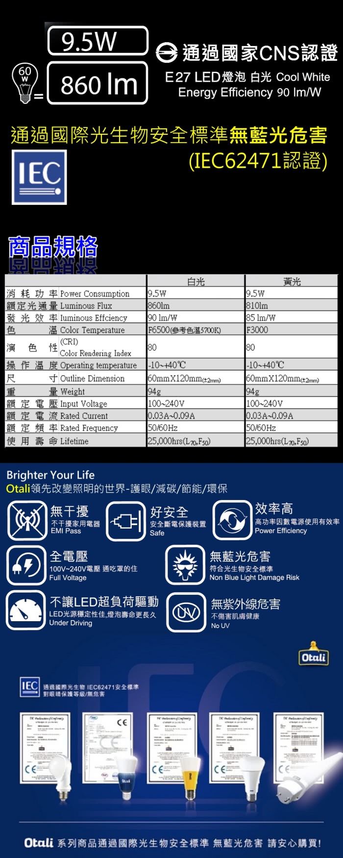 【勝華 Otali】LED燈泡 9.5W 無藍光危害(白光/黃光)