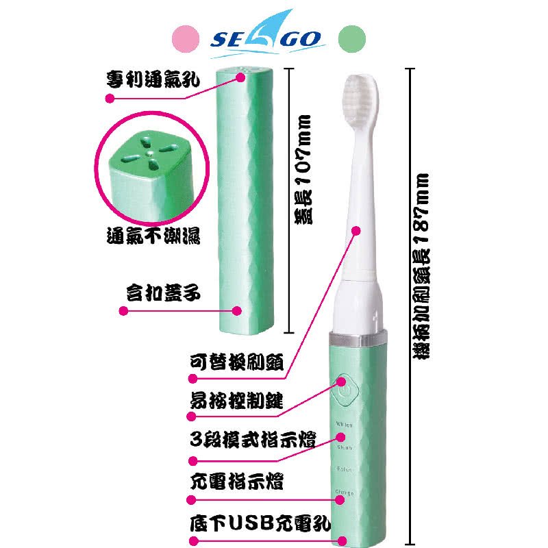 【SEAGO賽嘉】USB充電鋰電式音波振動牙刷3.5萬次/分電動牙刷、旅行、約會、便攜、重要客戶前、出國(SG-715)