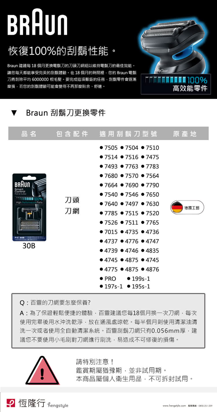 Braun 建議每 18個月更換電鬍刀的刀頭刀網組以維持電鬍刀的最佳效能。
