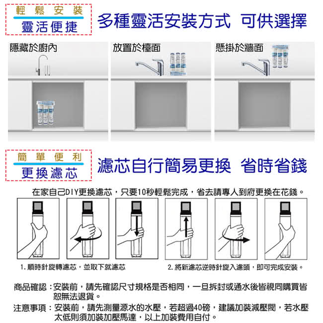 【怡康】快拆式中空絲膜三道過濾廚下型淨水器附龍頭 QDC-63F