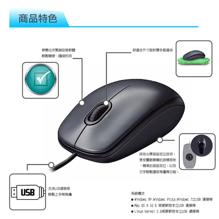 【Logitech 羅技】M90有線滑鼠USB(黑)