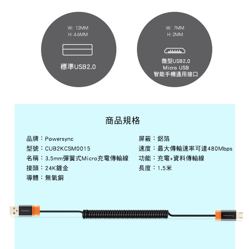 【群加 Powersync】USB 2.0 AM To Micro USB 彈簧式充電傳輸線/1.5m(CUB2KCSM0015)