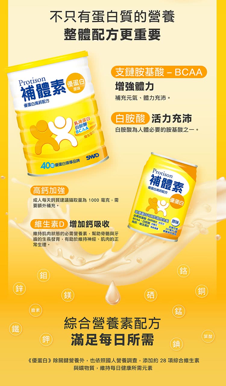 優蛋白除關鍵營養外,也依照國人營養調查,添加約28項綜合維生素