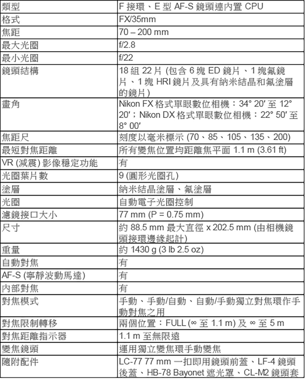 Nikon尼康 AF-S 70-200mm F/2.8E FL ED VR - 詳情2
