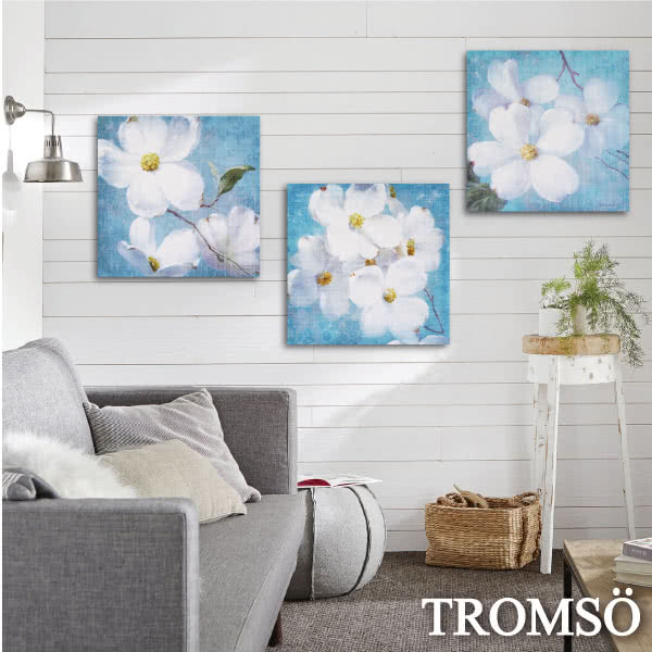 【TROMSO】時尚無框畫/淨藍花羽(三幅一組無框畫40X40CM)