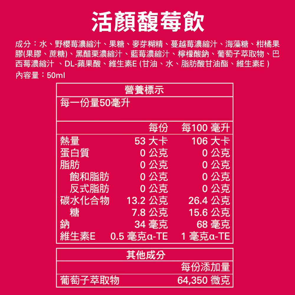 成分水、野櫻莓濃縮汁、果糖、麥芽糊精、蔓越莓濃縮汁、海藻糖、柑橘果