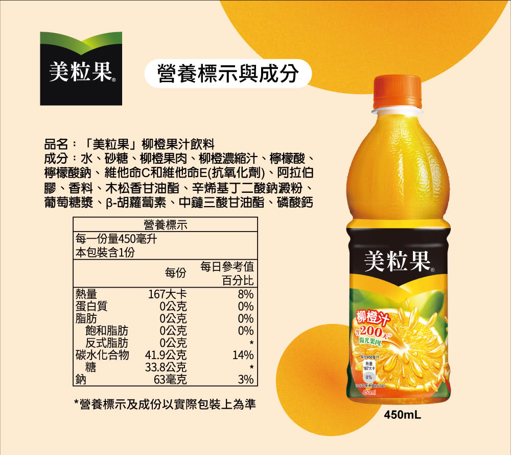 成分水、砂糖、柳橙果肉、柳橙濃縮汁、檸檬酸、
