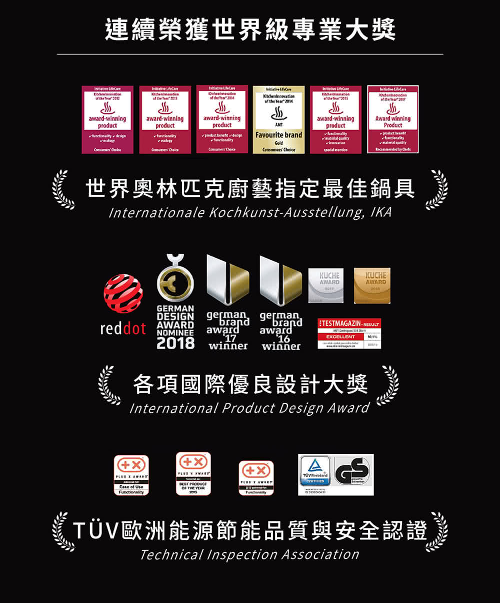 連續榮獲世界級專業大獎 世界奧林匹克廚藝指定最佳鍋具 各項國際優良設計大獎 TV歐洲能源節能品質與安全認證 