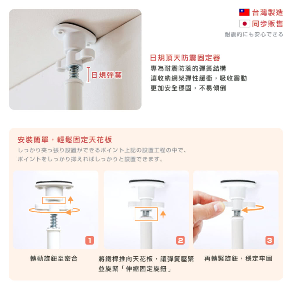 將鐵桿推向天花板,讓彈簧壓緊 再轉緊旋鈕,穩定牢固
