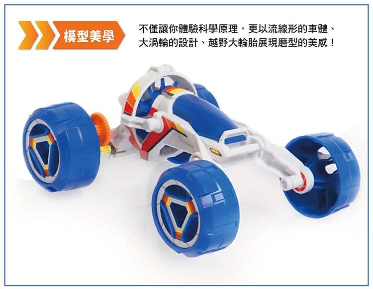 模型美學 不僅讓你體驗科學原理,更以流線形的車體、 大渦輪的設計、越野大輪胎展現磨型的美感 