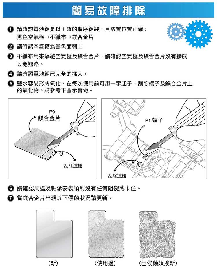 6鹽水容易形成氧化,在每次使用前可用一字起子,刮除端子及鎂合金片上
