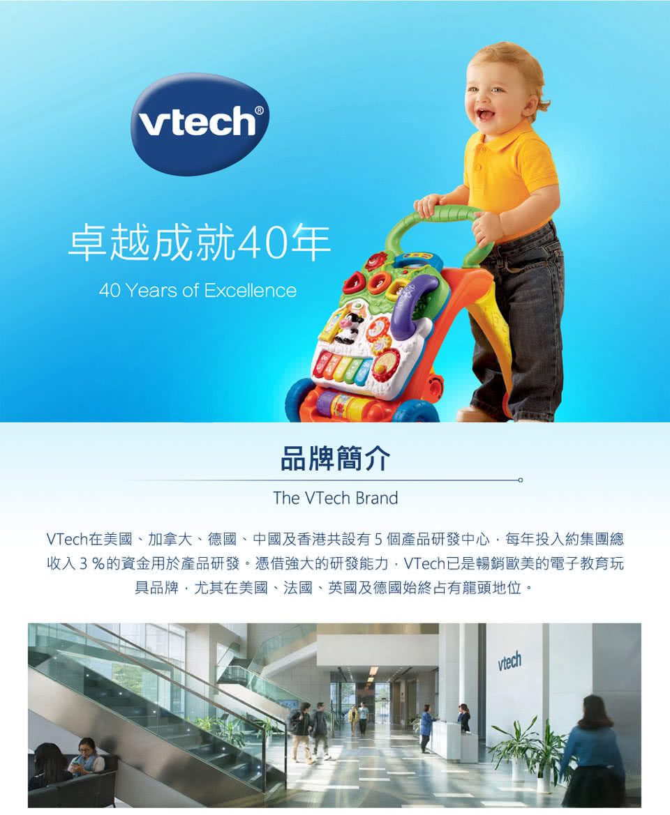 卓越成就40年 品牌簡介 VTech在美國、加拿大、德國、中國及香港共設有5個產品研發中心,每年投入約集團總 收入3%的資金用於產品研發。憑借強大的研發能力,VTech已是暢銷歐美的電子教育玩 具品牌,尤其在美國、法國、英國及德國始終占有龍頭地位。 