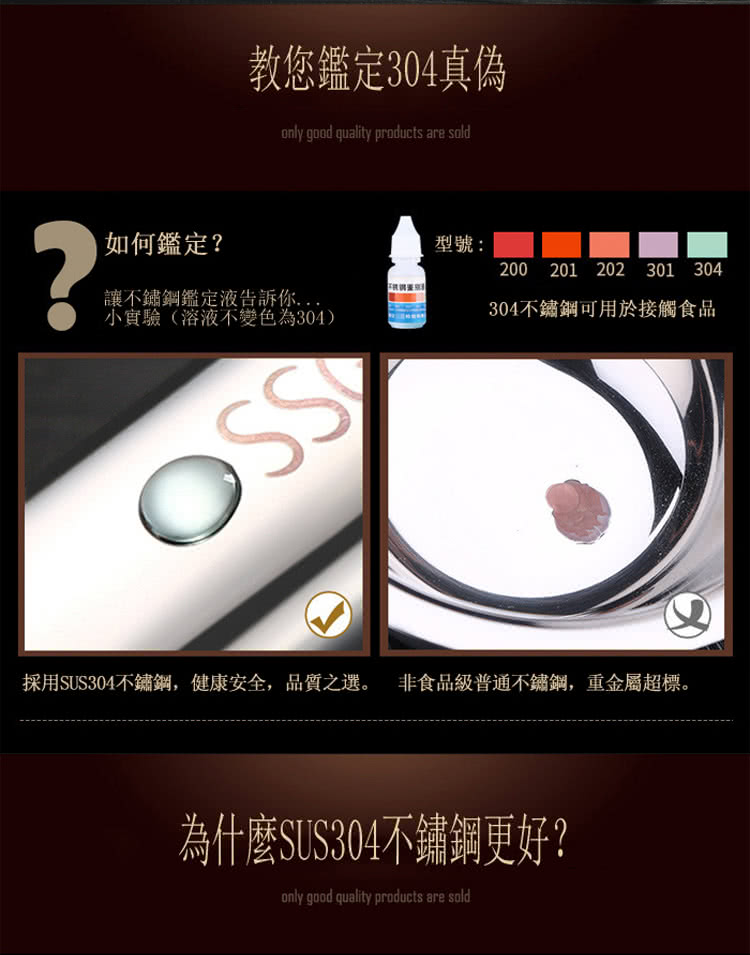 採用SUS304不鏽鋼,健康安全,品質之選。 非食品級普通不鏽鋼,重金屬超標。