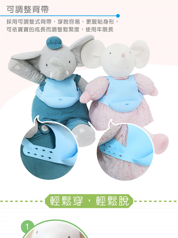 可調整背帶 採用可調整式背帶,穿脫容易,更服貼身形, 可依寶寶的成長而調整鬆緊度,使用年限長 輕鬆穿,輕鬆脫 
