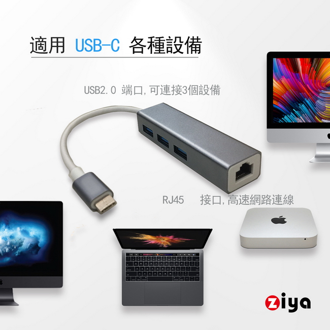 Ziya Usb Type C Usb 3孔lan 集線器與網路線 金屬特式款 Momo購物網