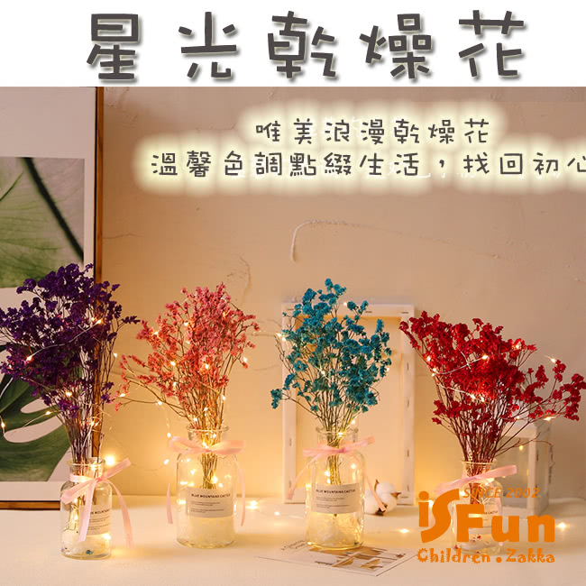 Isfun 星光乾燥花 甜美緞帶玻璃瓶銅線燈 多色可選 Momo購物網