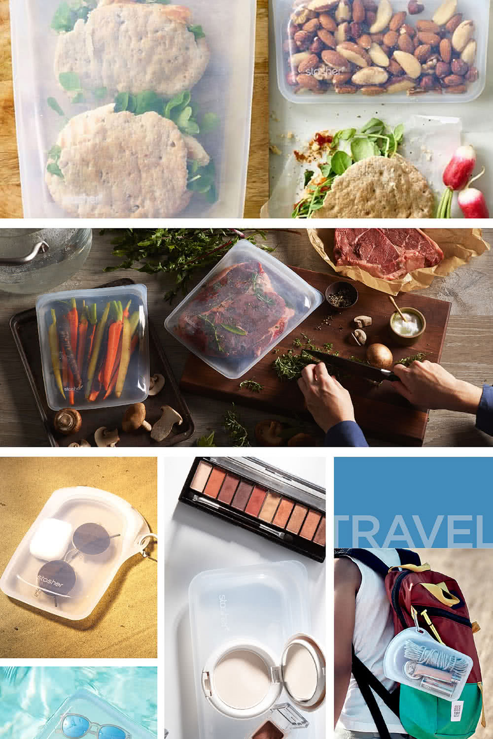 美國 Stasher - 【入門三入組】白金矽膠袋/密封袋/食物袋-隨機三入顏色 (站站1656ml+方形828ml+長形355ml)