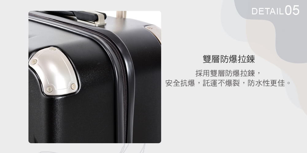 雙層防爆拉鍊 採用雙層防爆拉鍊, 安全抗爆,託運不爆裂,防水性更佳。 