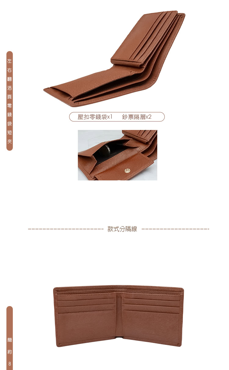 左右翻活頁零錢袋短 壓扣零錢袋x1 鈔票隔層x2 款式分隔線 