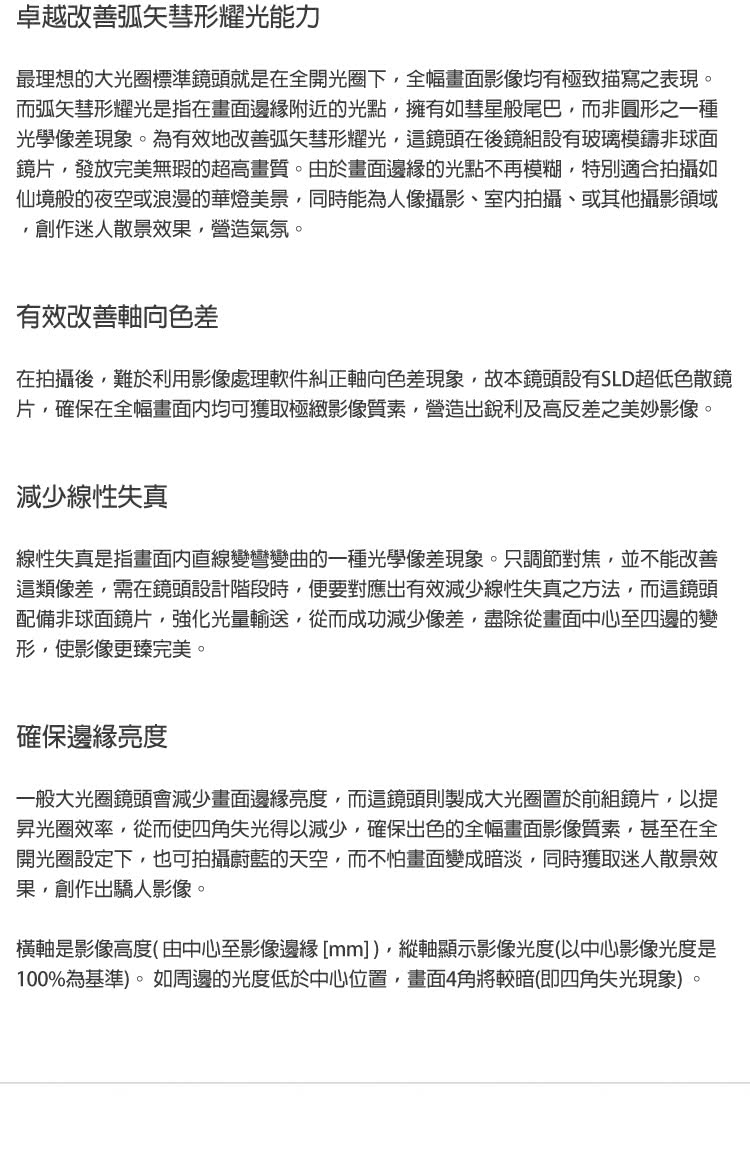 在拍攝後,難於利用影像處理軟件糾正軸向色差現象,故本鏡頭設有SLD超低色散鏡