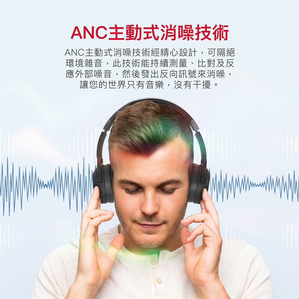 ANC主動式消噪技術 ANC主動式消噪技術經精心設計,可隔絕 環境雜音,此技術能持續測量、比對及反 應外部噪音,然後發出反向訊號來消噪, 讓您的世界只有音樂,沒有干擾。 