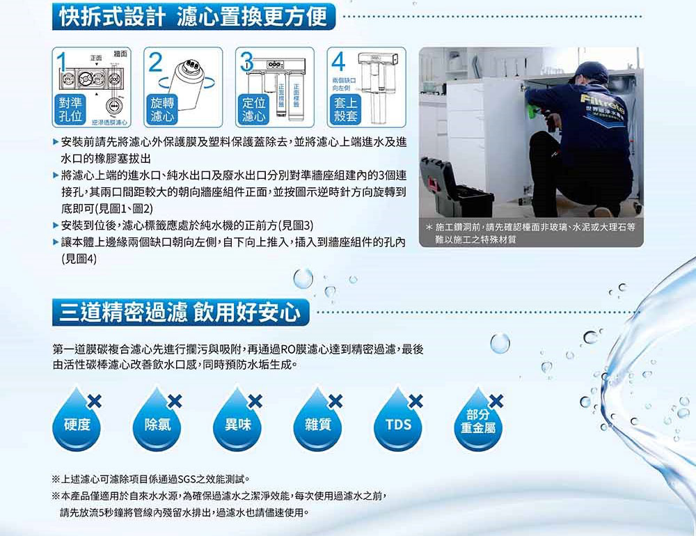 第一道膜碳複合濾心先進行欄污與吸附,再通過RO膜濾心達到精密過濾,最後