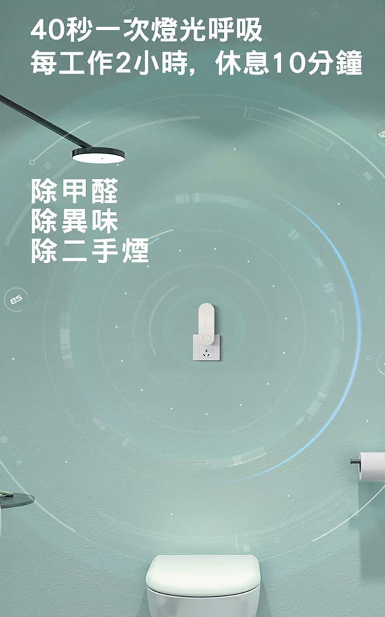 40秒一次燈光呼吸 每工作2小時,休息10分鐘 除甲醛 除異味 除二手煙 