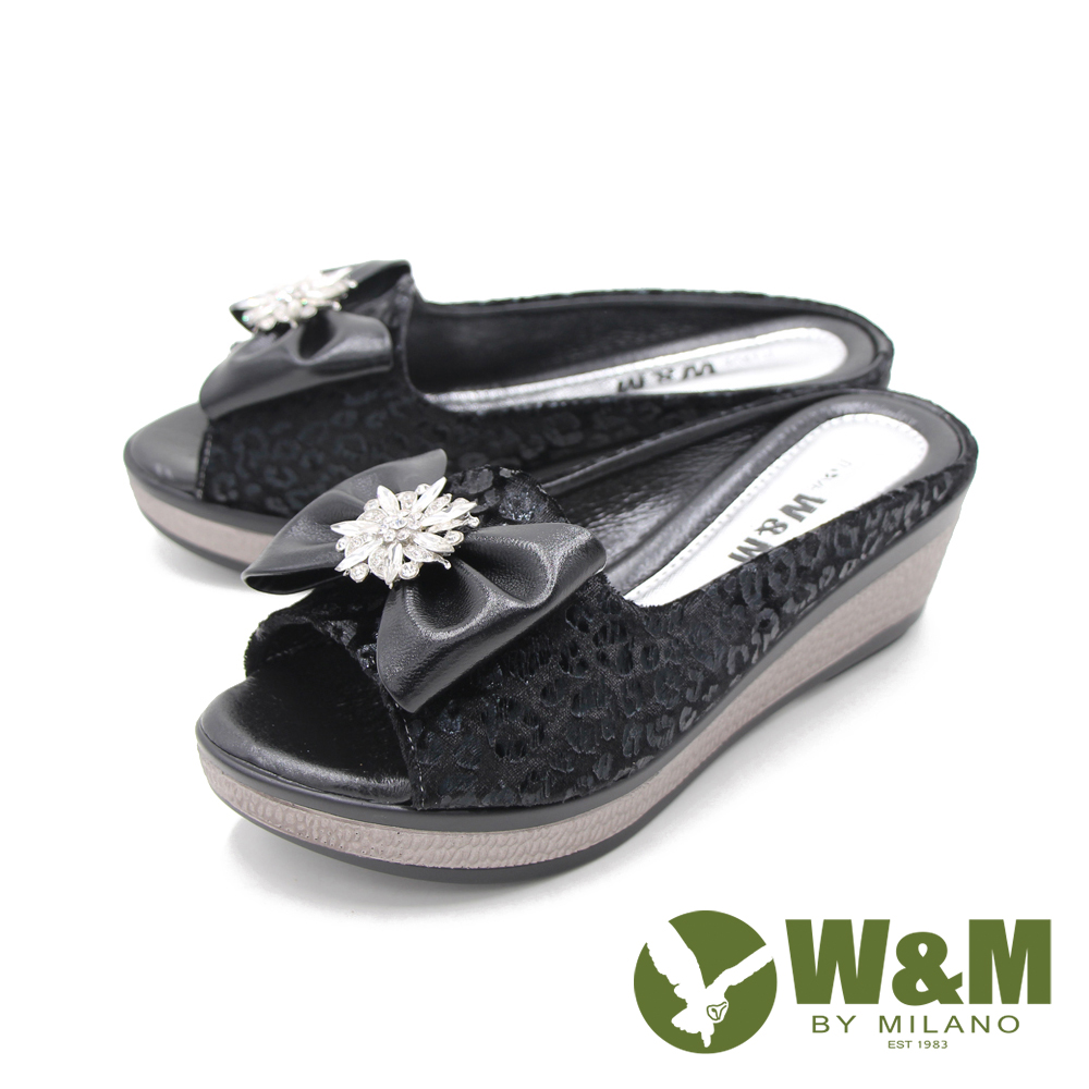 W M 女魚口鑽花楔型厚底彈力涼拖鞋女鞋 黑 Momo購物網