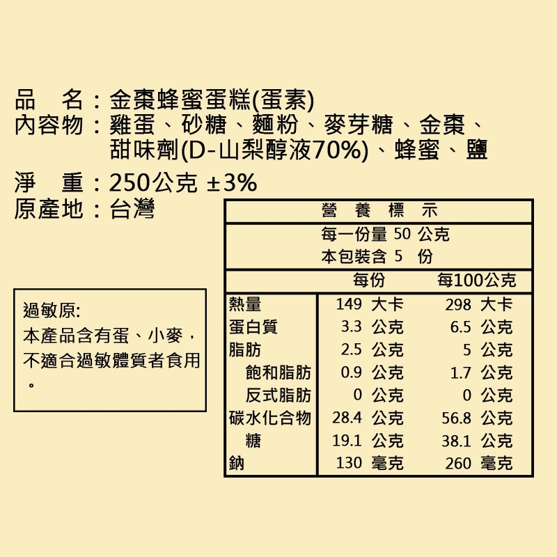 內容物雞蛋、砂糖、麵粉、麥芽糖、金棗、