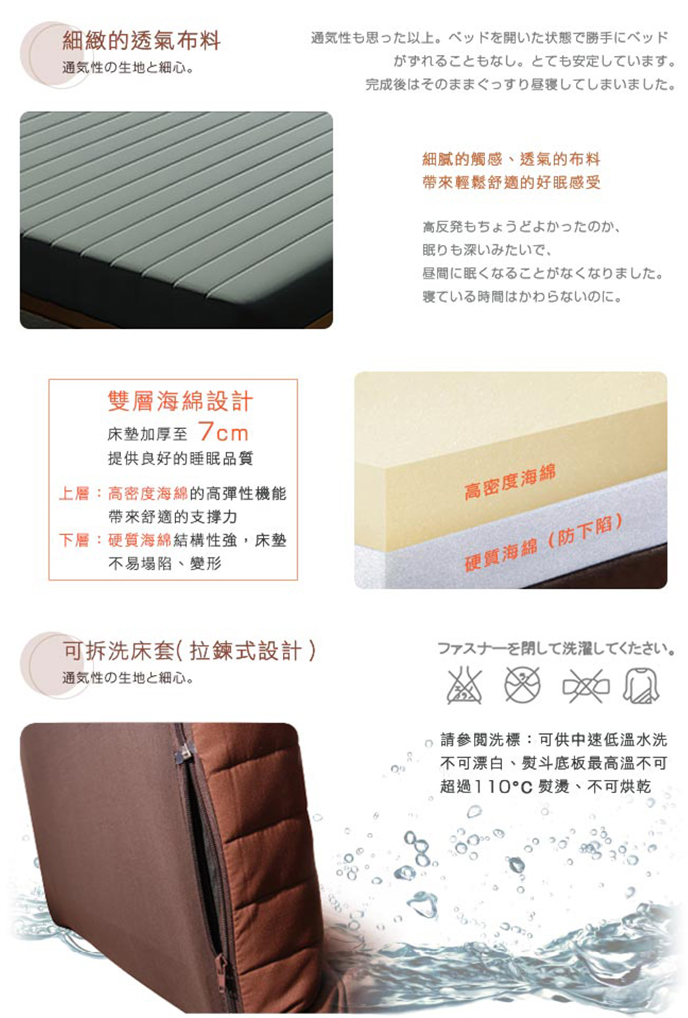 不可漂白、 熨斗底板最高溫不可