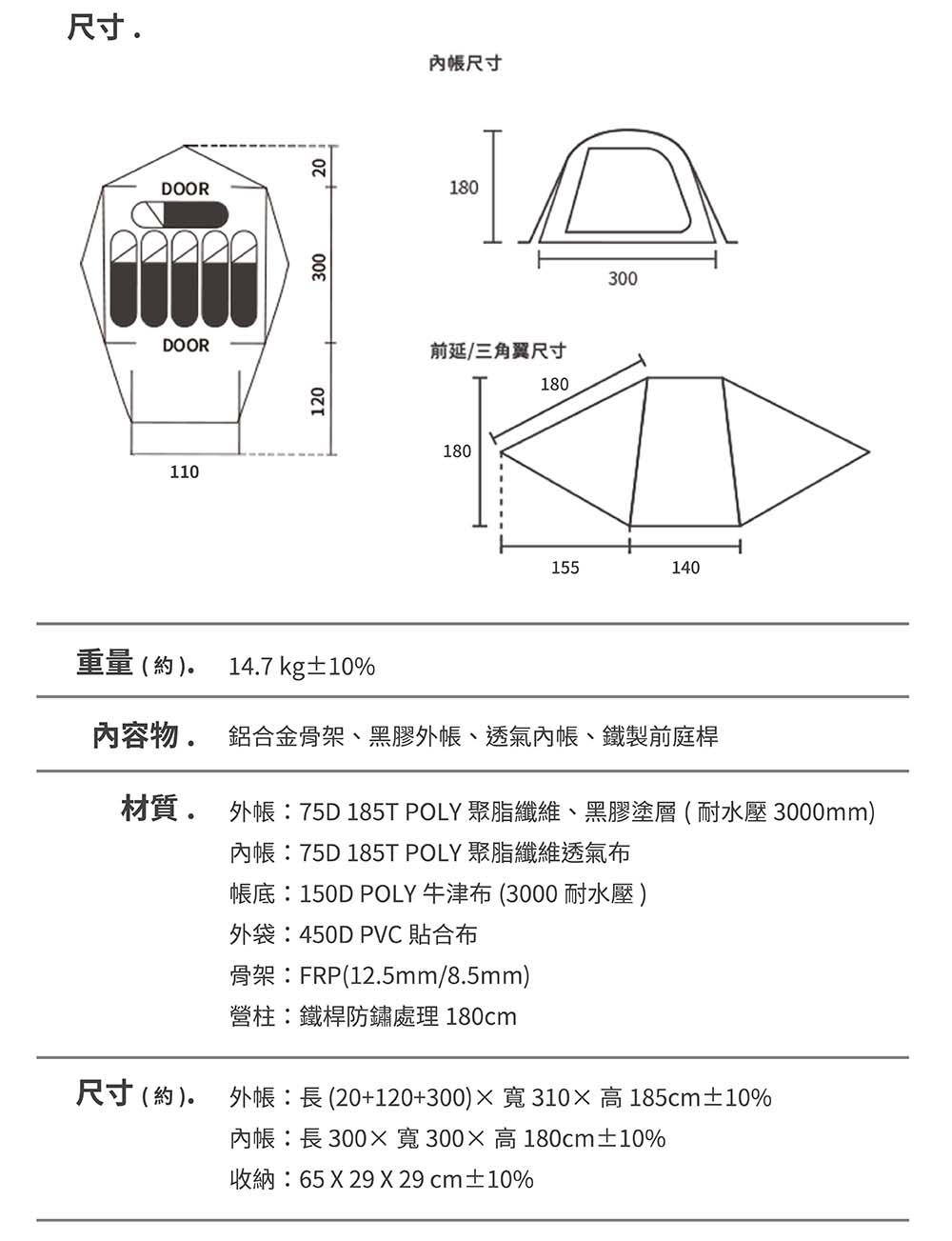 外帳75D 185T POLY 聚脂纖維、黑膠塗層耐水壓 3000mm