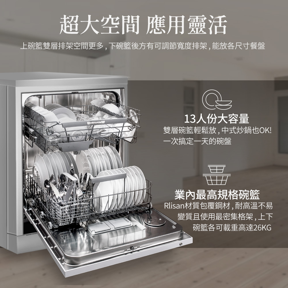 上碗籃雙層排架空間更多,下碗籃後方有可調節寬度排架,能放各尺寸餐盤