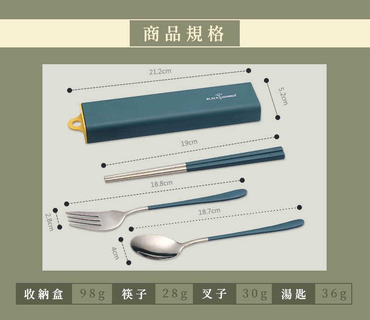商品規格 收納盒 98g 筷子 30g湯匙 36g 28g 叉子 
