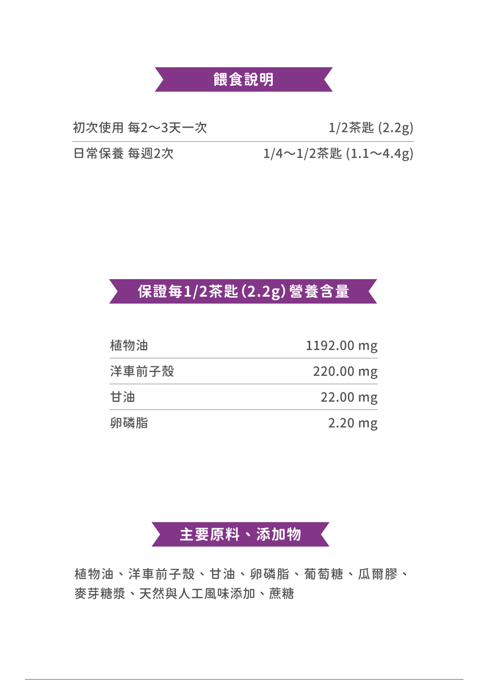 植物油、洋車前子殼、甘油、卵磷脂、葡萄糖、瓜爾膠、